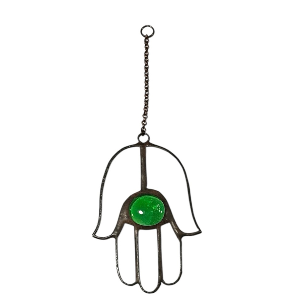 Stained Glass Hamsa Hand with Green Glass Jewel